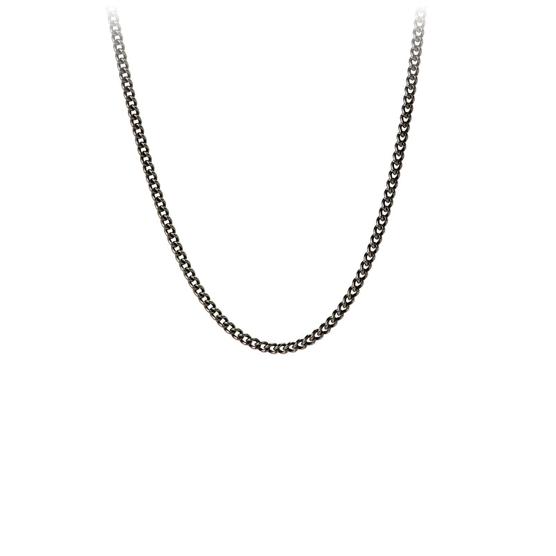 A sterling silver chain with medium oxidized curb links