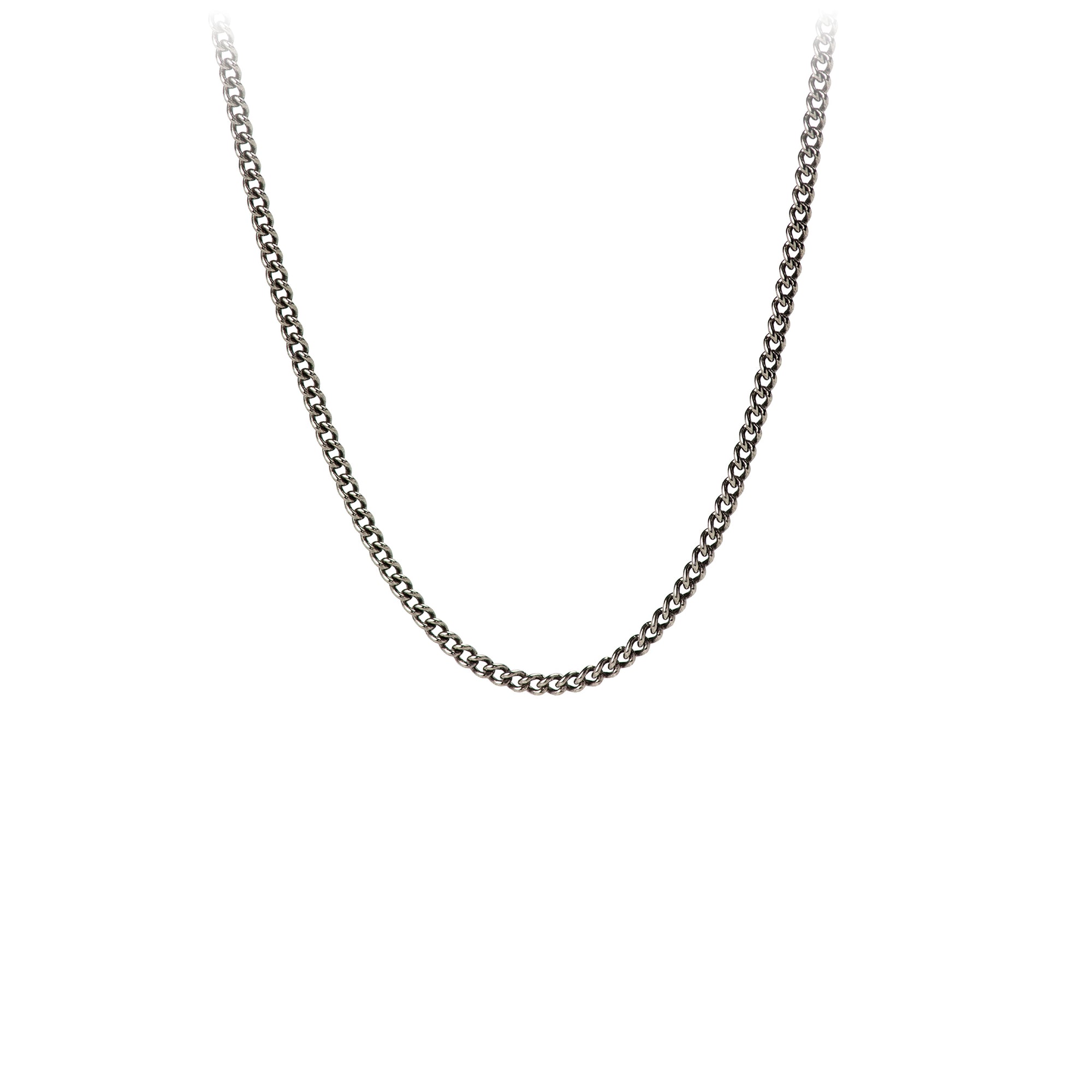 A sterling silver chain with medium oxidized curb links