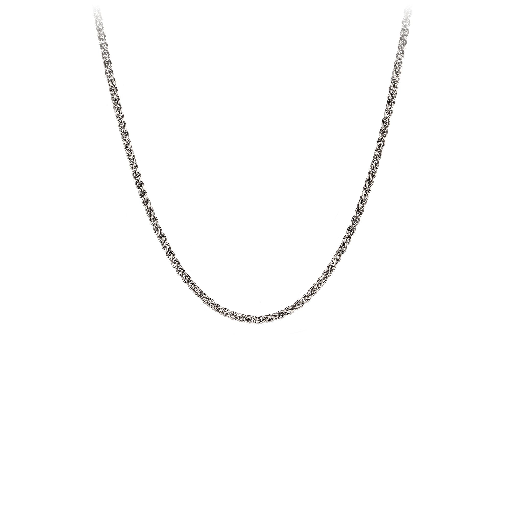 A sterling silver chain with oxidized medium wheat links