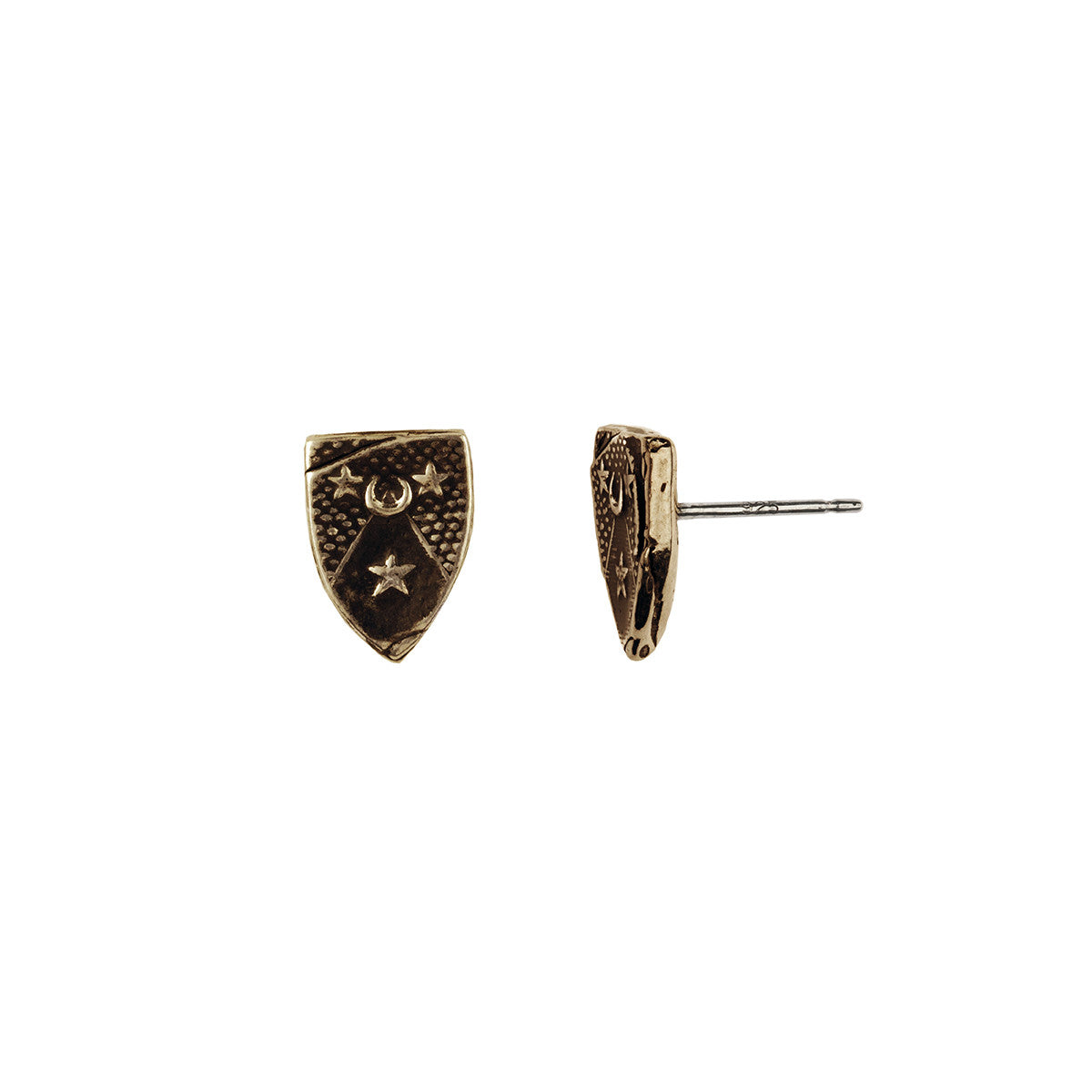 A set of our sterling silver Moon and Stars shield stud earrings.