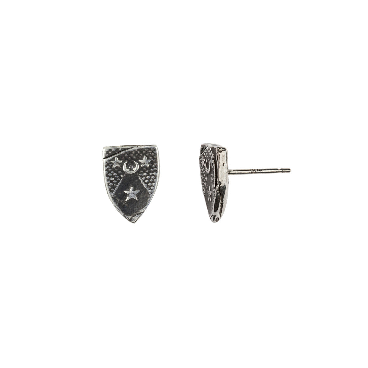 A set of our sterling silver Moon and Stars shield stud earrings.