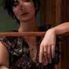 A model wearing our Cognac Diamond 14K Gold Faceted Stone Solitaire necklace.