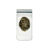 A sterling silver money clip featuring our bronze Love Conquers All talisman.
