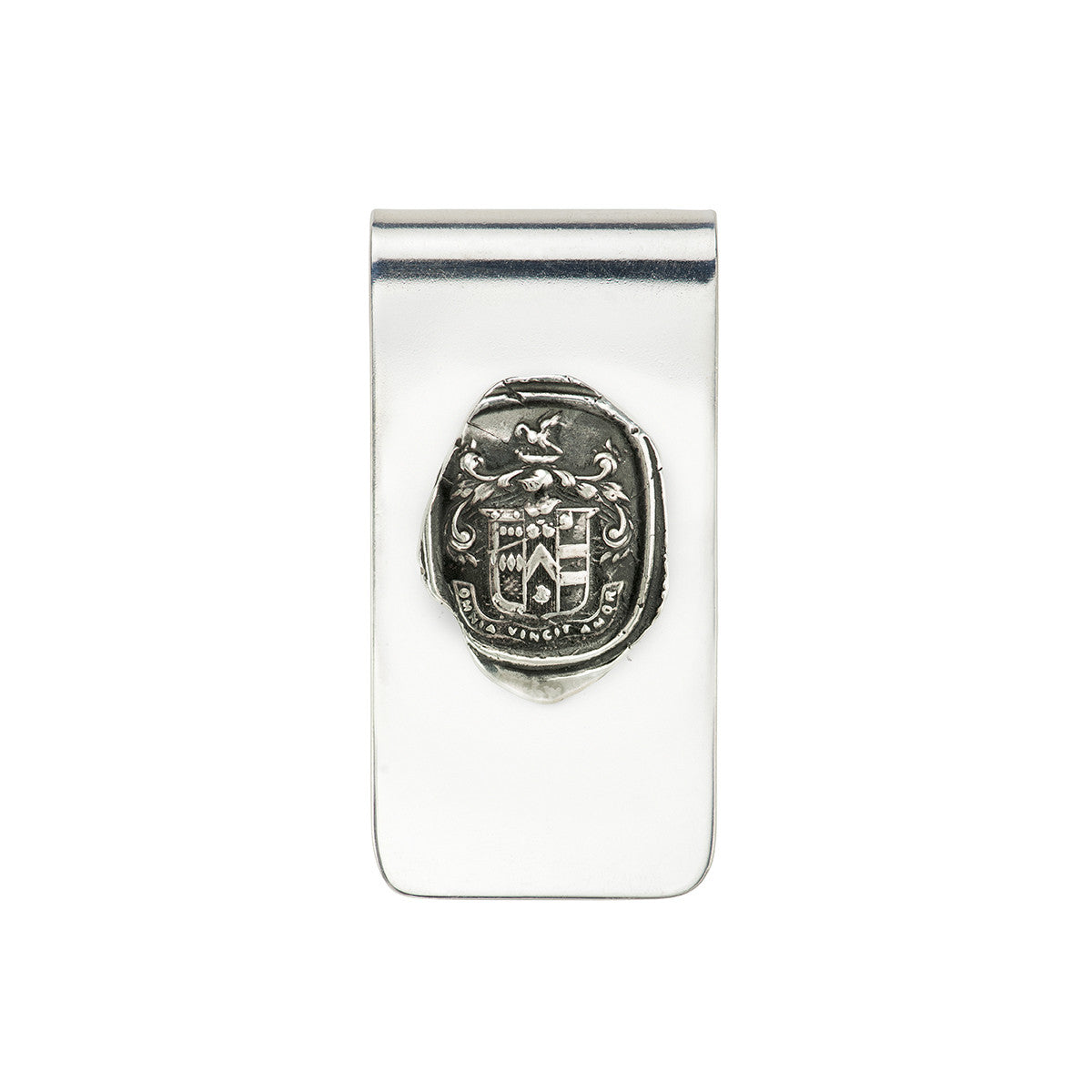 A sterling silver money clip featuring our sterling silver Love Conquers All talisman.