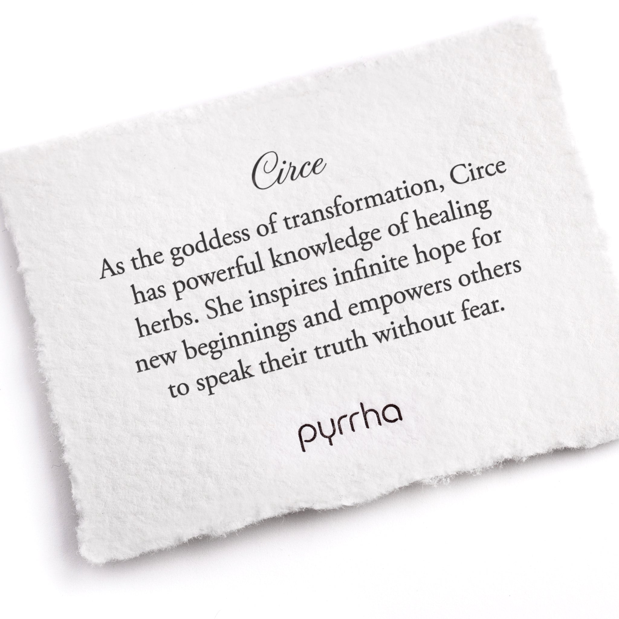 A hand-torn, letterpress printed card describing the meaning for Pyrrha's Circe Goddess Talisman