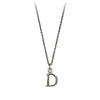 A sterling silver letter "D" charm on a silver chain.