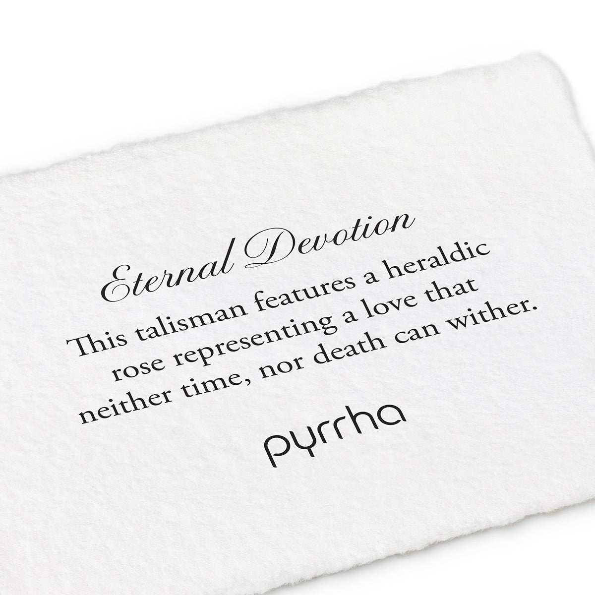 A handtorn cotton card describing the meaning for our Eternal Devotion 14K Gold Talisman.