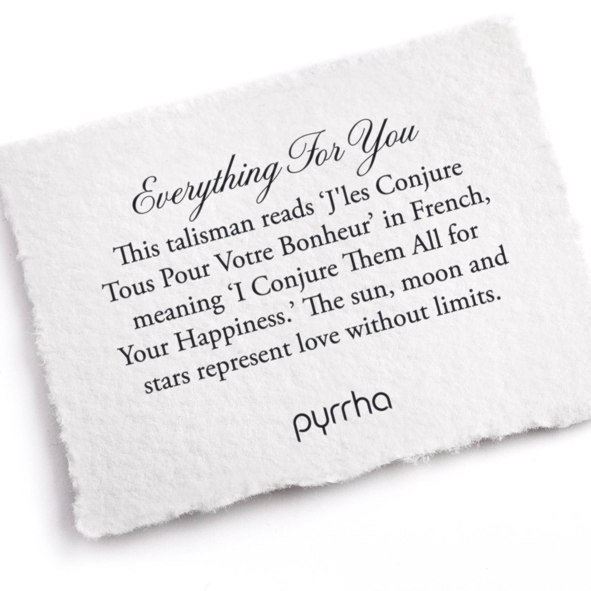 A hand-torn, letterpress printed card describing the meaning for Pyrrha's Everything For You Talisman Necklace