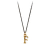 A bronze "F" charm on a blackened sterling silver chain.
