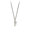 A sterling silver letter "F" charm on a silver chain.