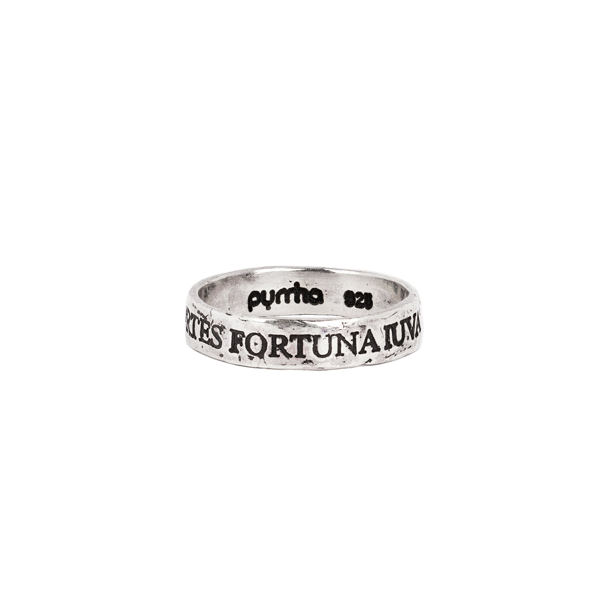 A silver band ring with the phrase Fortes Fortuna Luvat engraved into it
