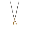 A bronze "G" charm on a blackened sterling silver chain.