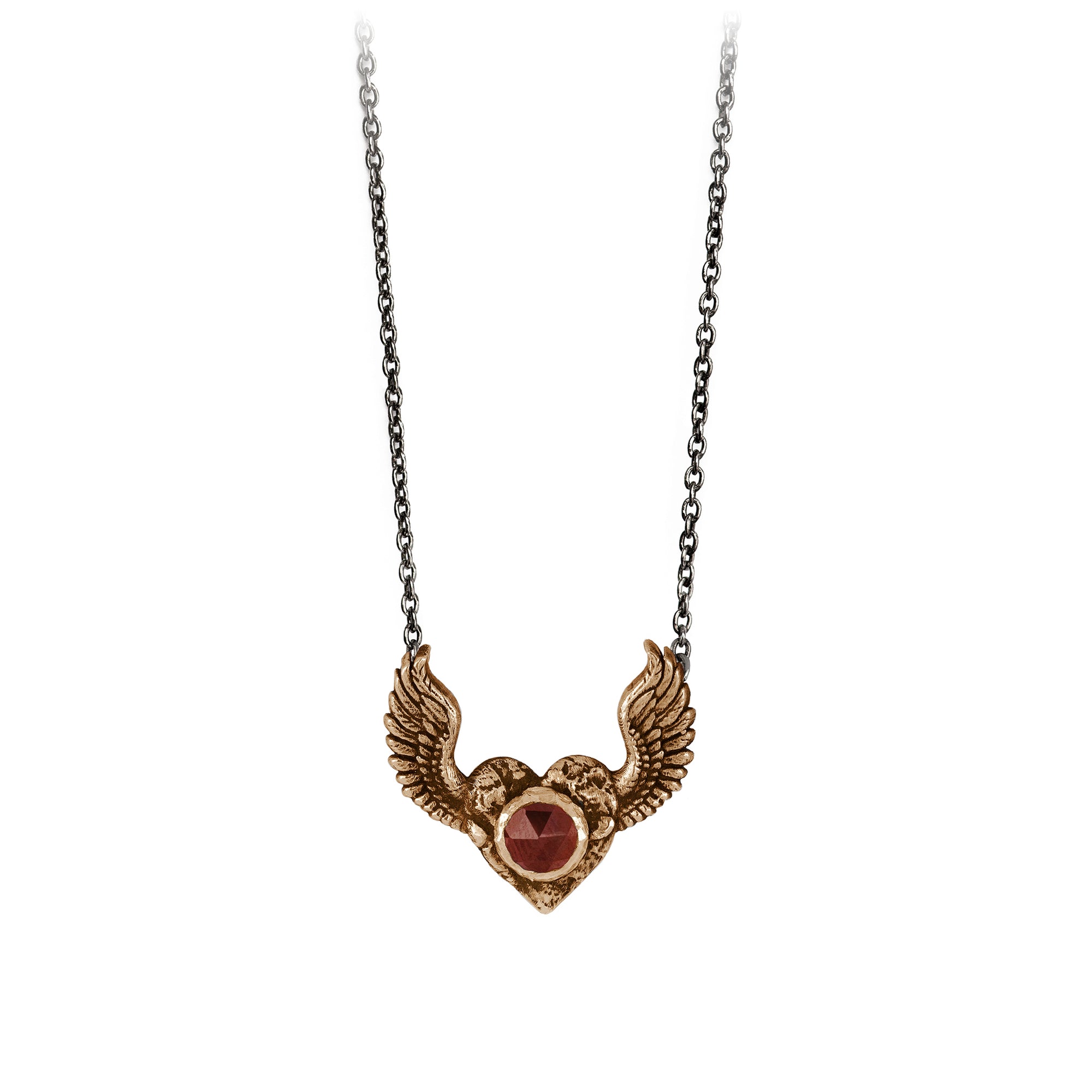 Pyrrha Heart with Wings Garnet Faceted Stone Talisman Bronze