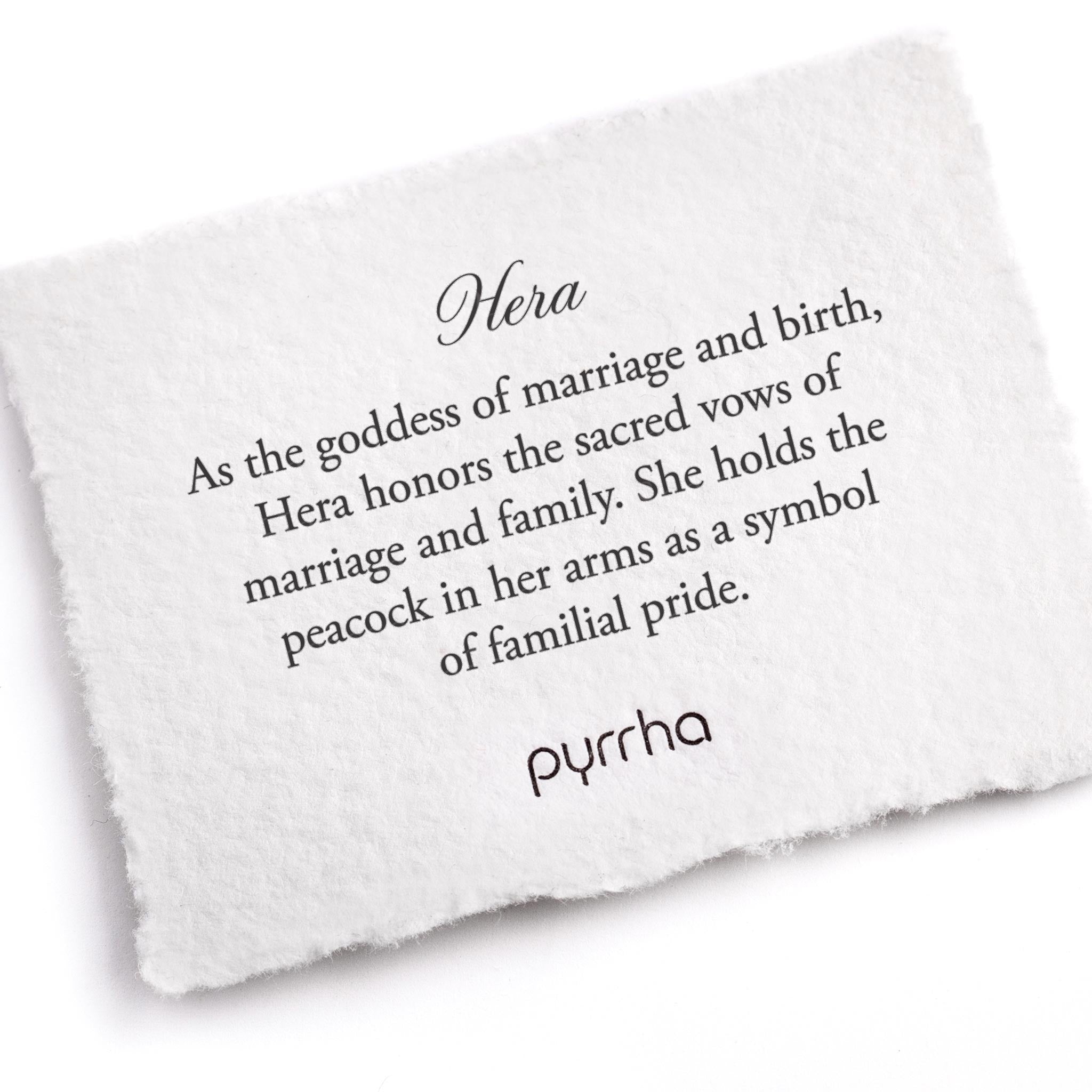 A hand-torn, letterpress printed card describing the meaning for Pyrrha's Hera Goddess Talisman