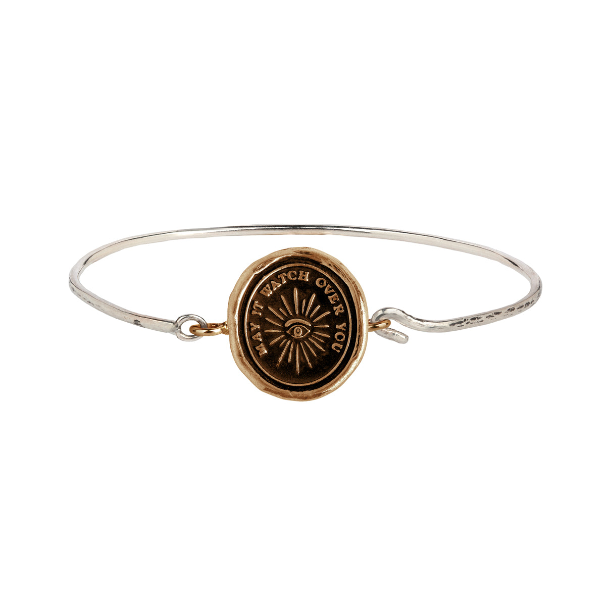 A hard sterling silver band fastened with a hook and eye clasp featuring our bronze Higher Power talisman.