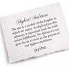 A hand-torn, letterpress printed card describing the meaning for Pyrrha's Highest Ambitions 14K Gold Diamond Set Talisman