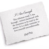 A hand-torn, letterpress printed card describing the meaning for Pyrrha's I Am Enough 14K Gold Talisman