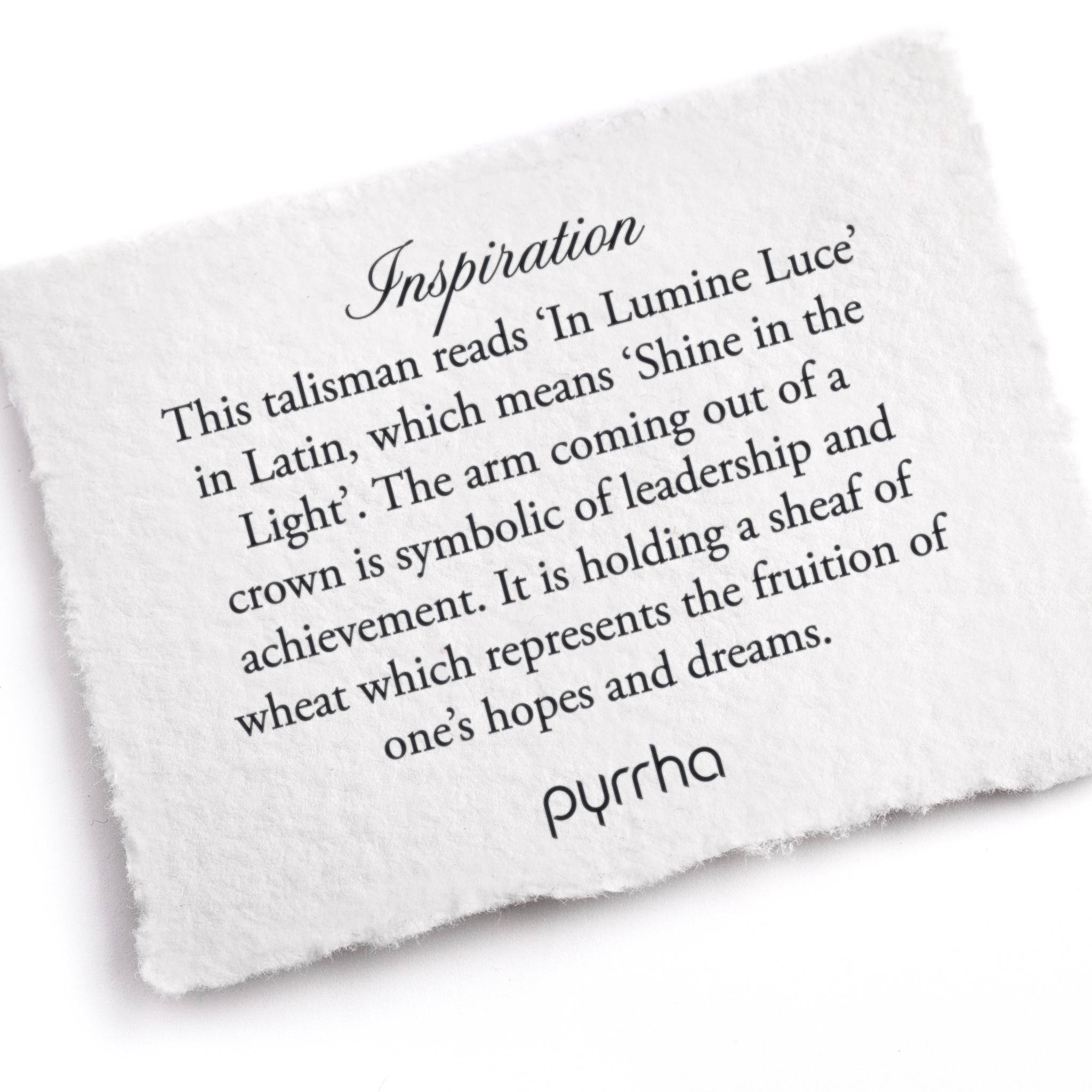 A hand-torn, letterpress printed card describing the meaning for Pyrrha's Inspiration Talisman