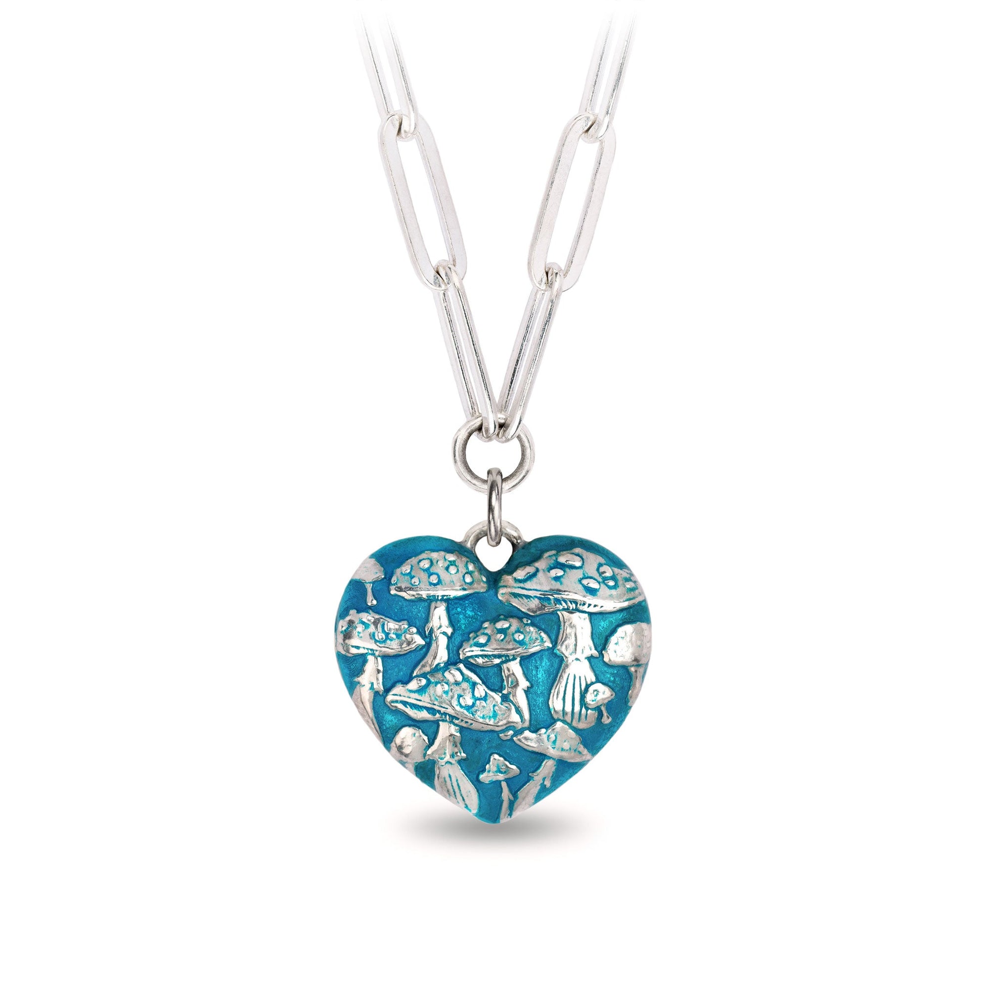 Mushroom Large Puffed Heart Large Paperclip Chain Necklace - Capri Blue