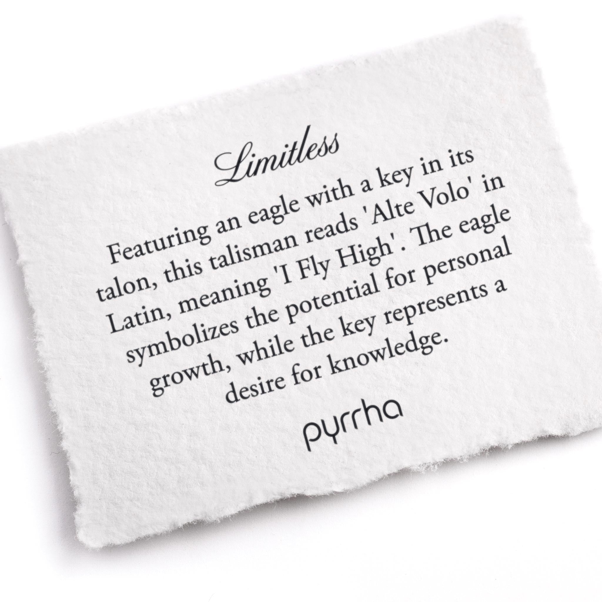 A hand-torn, letterpress printed card describing the meaning for Pyrrha's Limitless Talisman