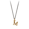 A bronze "M" charm on a blackened sterling silver chain.