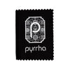 A black and white Pyrrha logo on a polishing cloth.