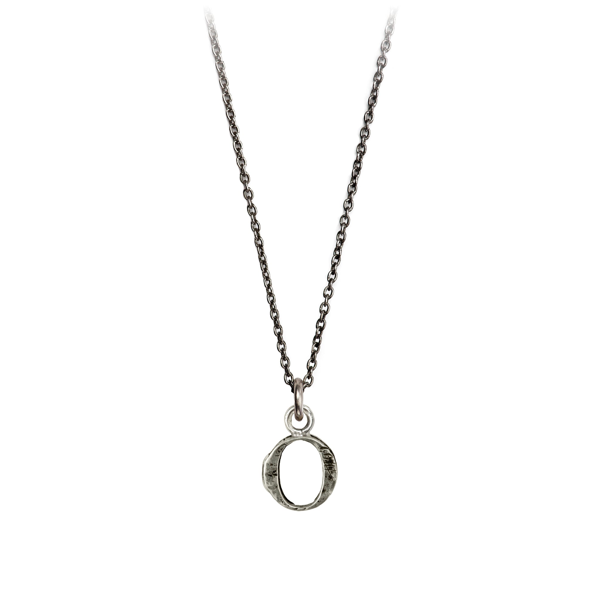 A sterling silver letter "O" charm on a silver chain.