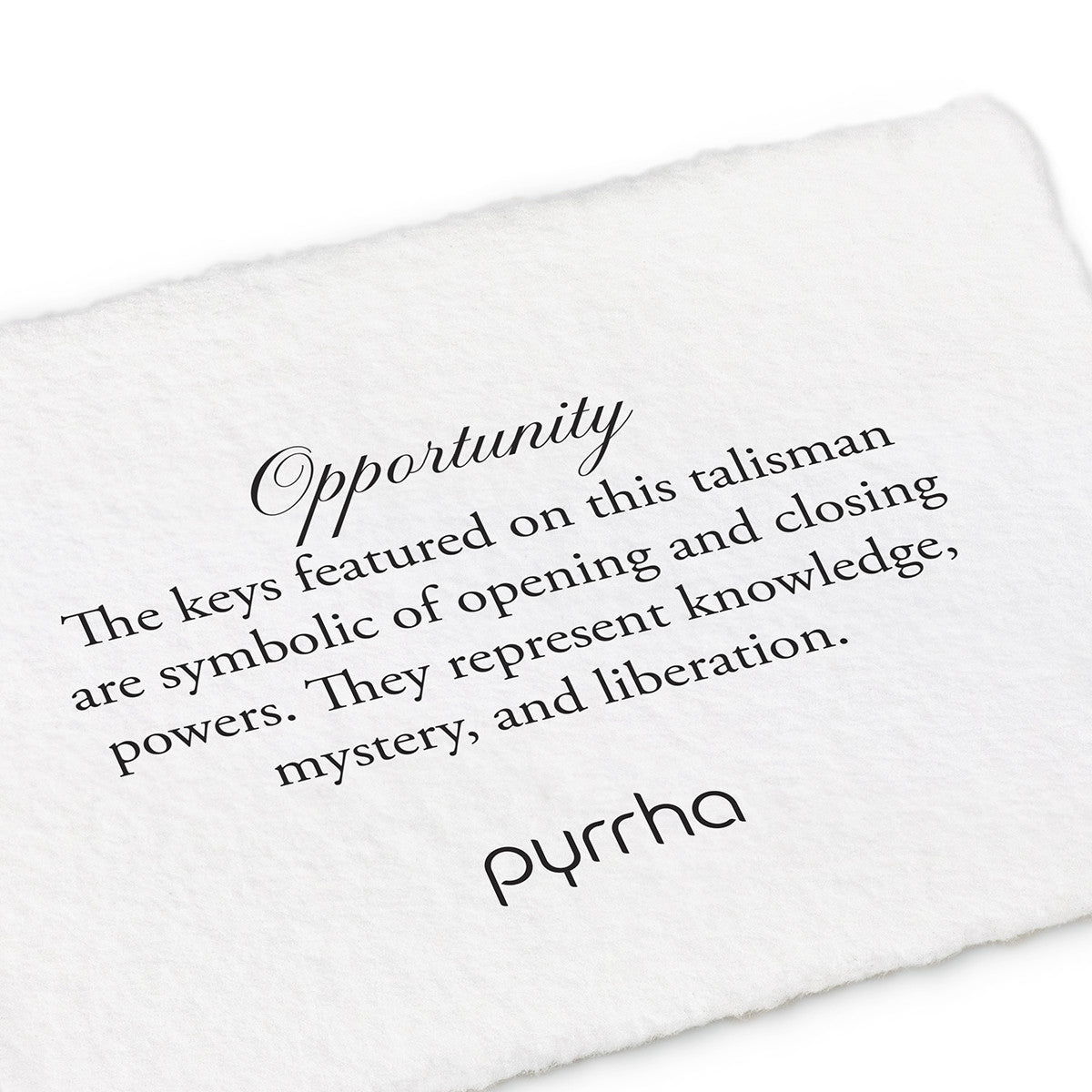 A handtorn cotton card describing the meaning for our Opportunity Tie Bar.