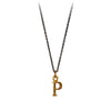 A bronze "P" charm on a blackened sterling silver chain.