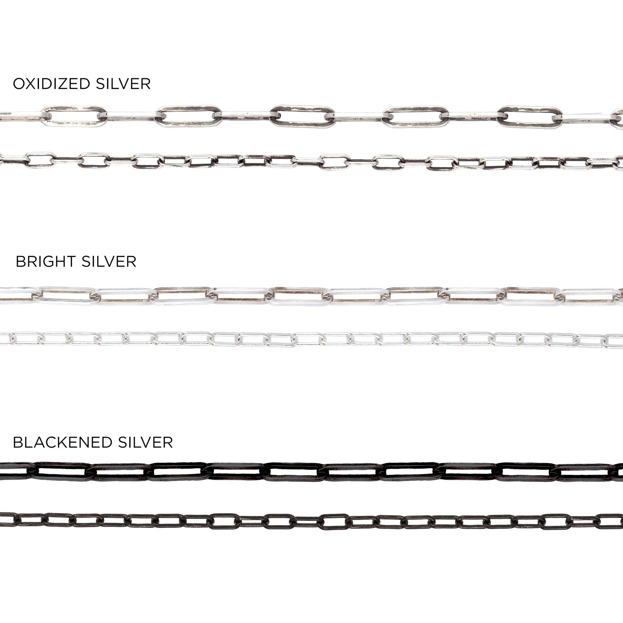 A size chart for comparing the sizes of our sterling silver chains