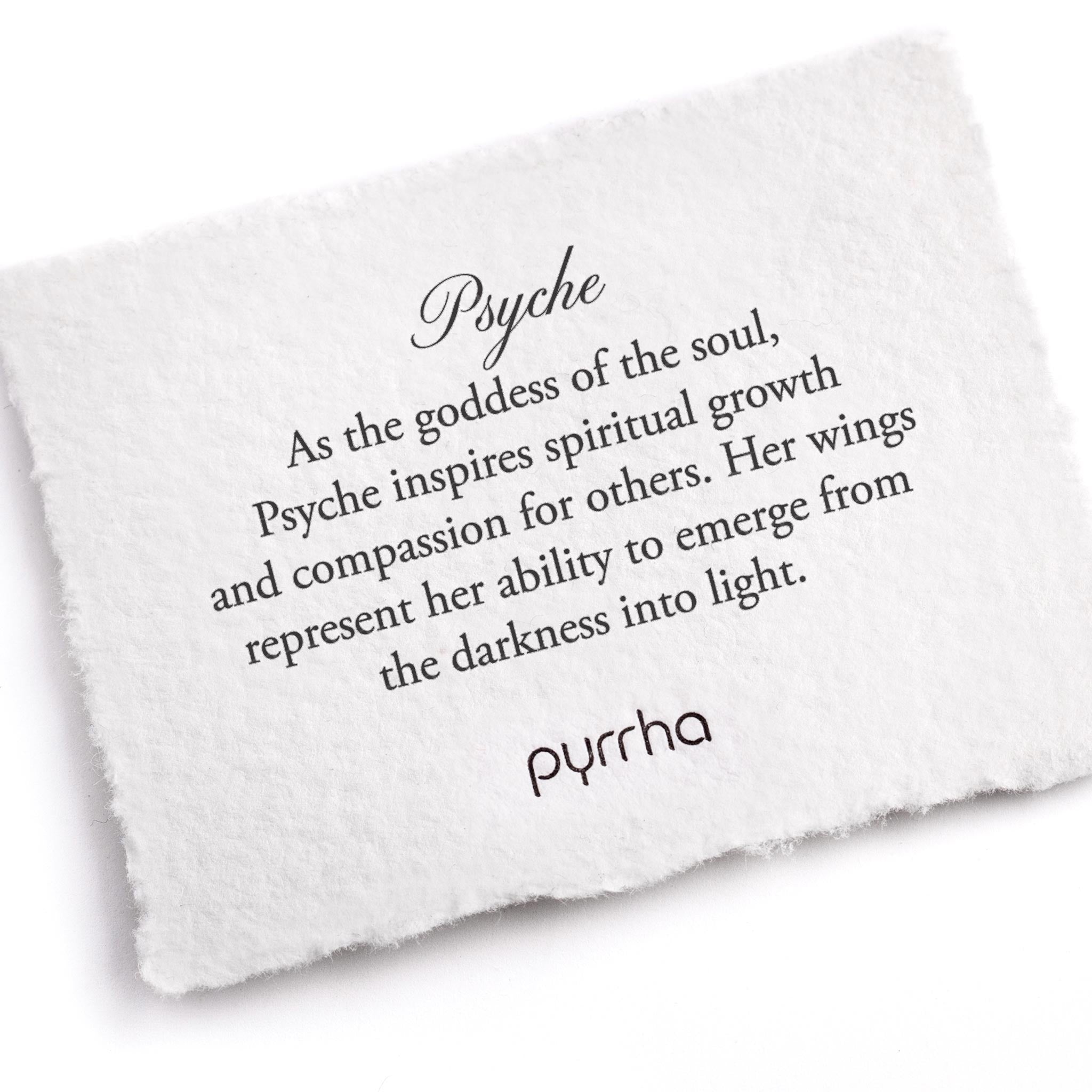 A hand-torn, letterpress printed card describing the meaning for Pyrrha's Psyche Goddess Talisman