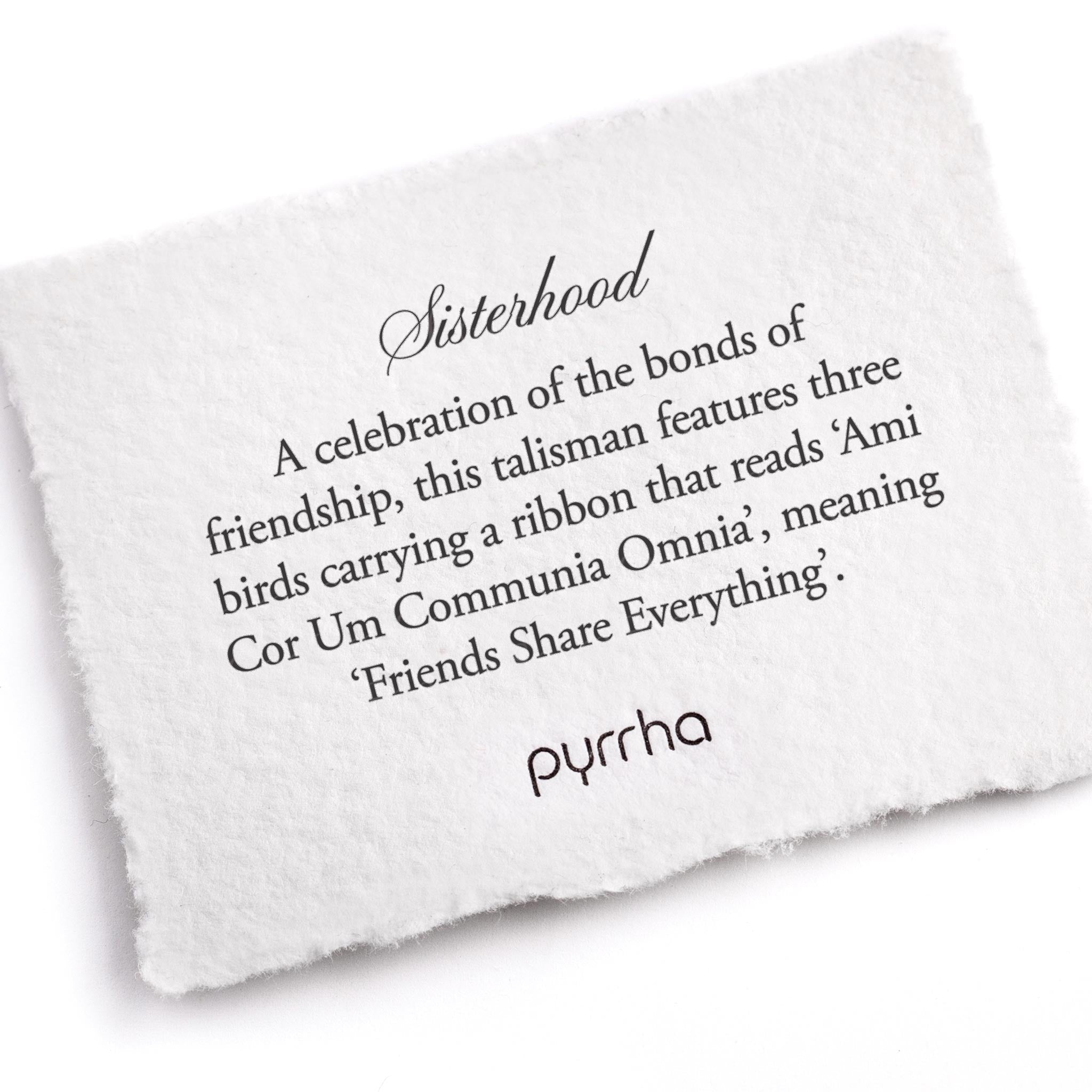 A hand-torn, letterpress printed card describing the meaning for Pyrrha's Sisterhood Talisman