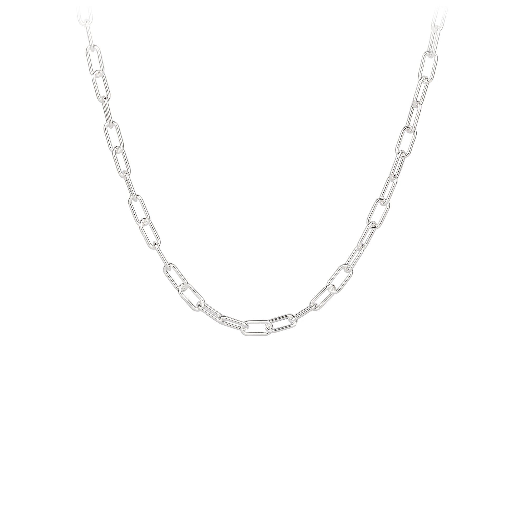 A sterling silver chain with small bright paperclip links