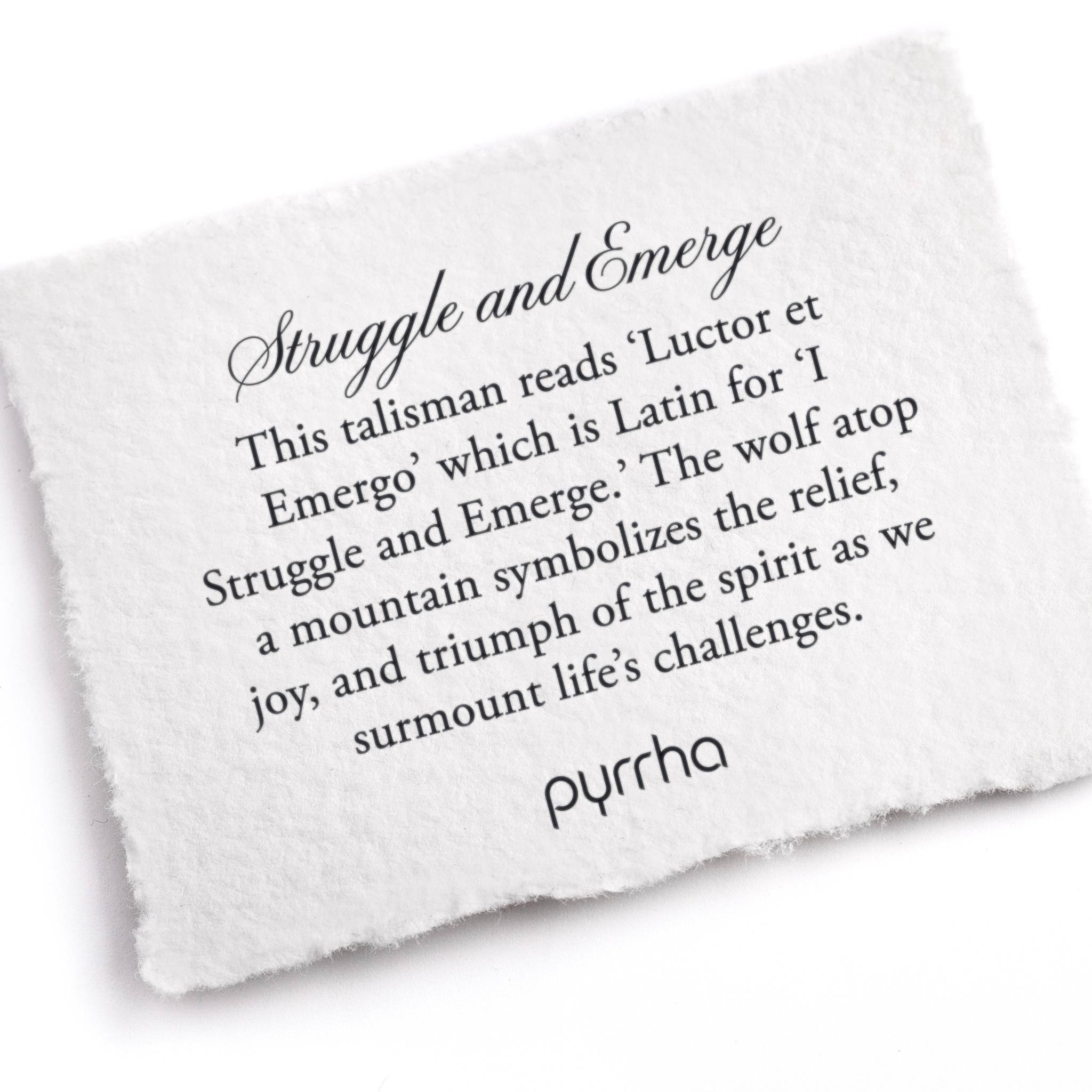 A hand-torn, letterpress printed card describing the meaning for Pyrrha's Struggle and Emerge Talisman Necklace