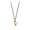 A bronze letter "V" charm on a blackened silver chain.