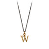 A bronze letter "W" charm on a blackened silver chain.