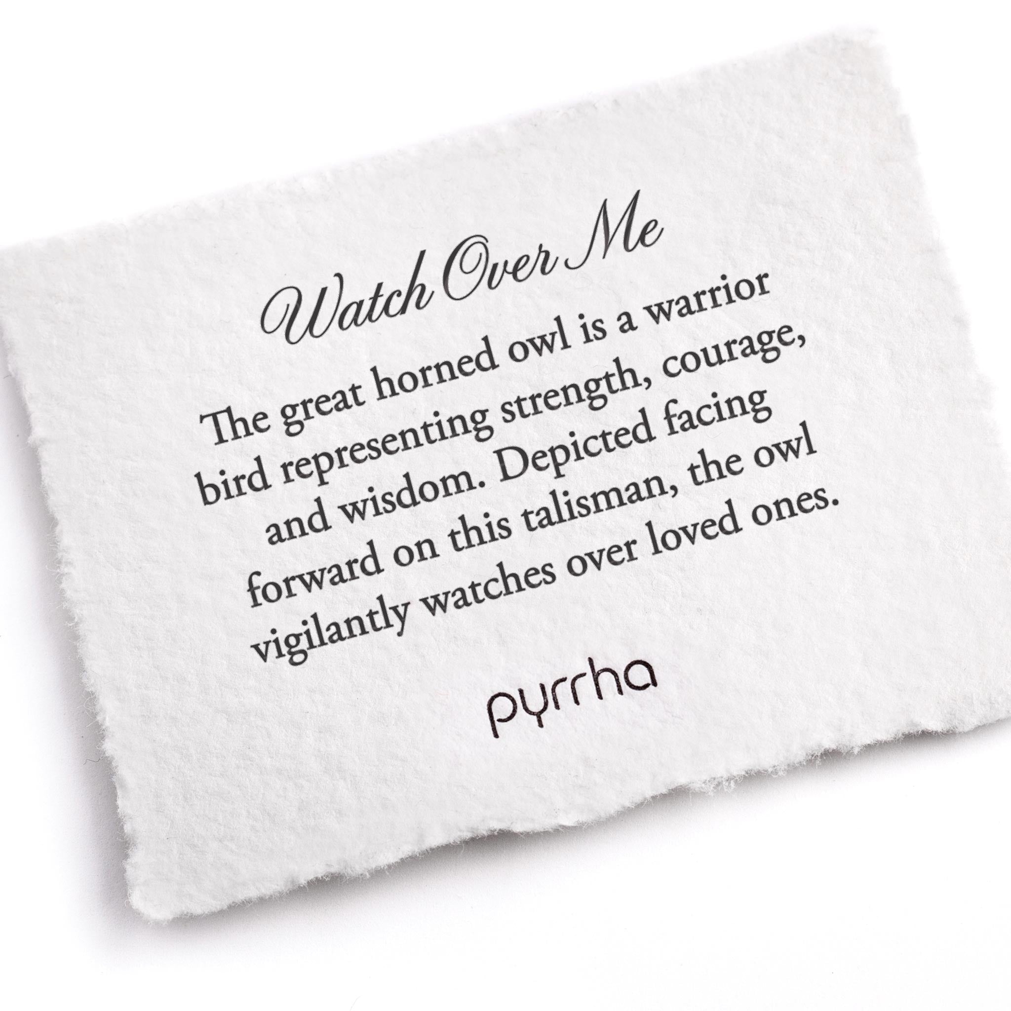 A hand-torn, letterpress printed card describing the meaning for Pyrrha's Watch Over Me Wide Braided Bracelet
