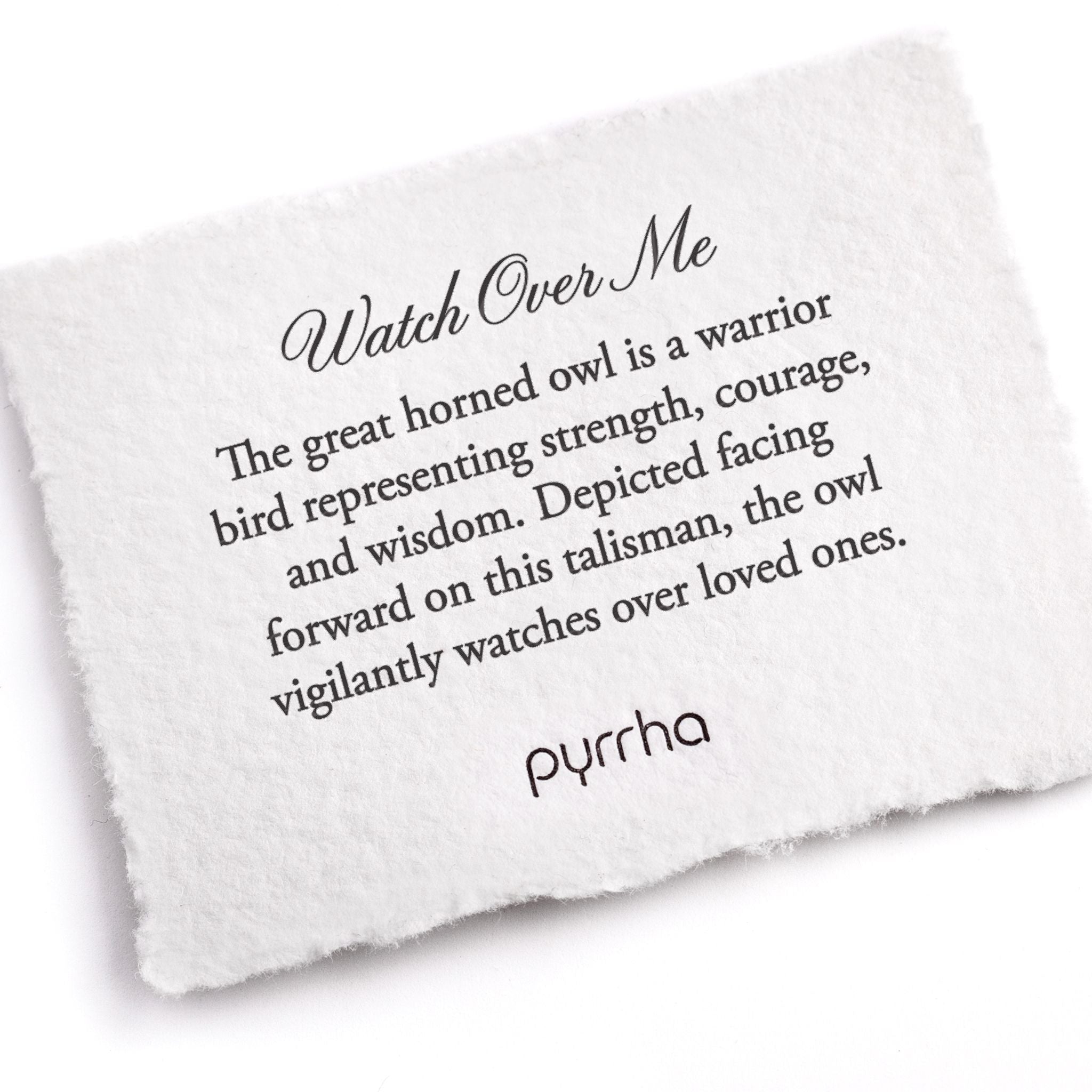 A hand-torn, letterpress printed card describing the meaning for Pyrrha's Watch Over Me Talisman Necklace